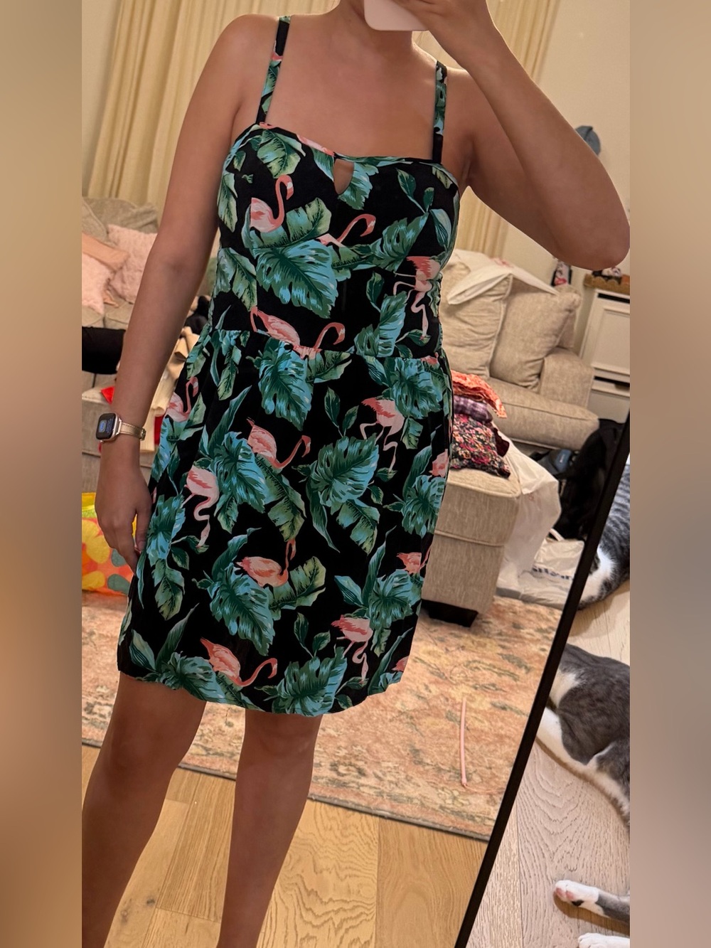 AUW Black Mini Dress with Pink Flamingo & Leaf Print